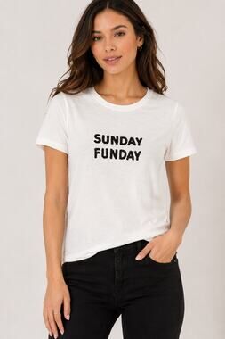 Bow & Drape Sunday Funday Sequin Graphic Tee White Crew Neck T-Shirt NWT L
